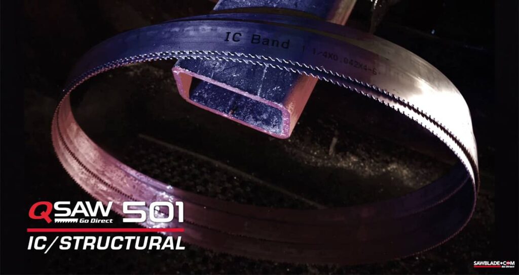 The Q501 IC Structural Band Saw Blade in action, cutting through a structural steel tube. The image showcases the blade’s robust design, perfect for tackling heavy-duty cutting tasks while preventing over-feeding and reducing vibration.