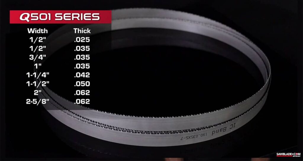 A visual chart showcasing the various width and thickness options available for the Q501 Series Band Saw Blades. The chart highlights sizes from ½” to 2-5/8” width, designed to meet a wide range of cutting applications.